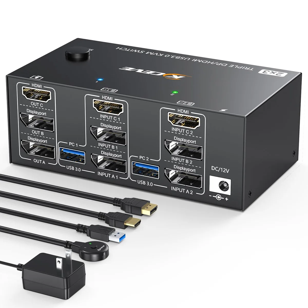 Vszerda Vszerda 203DHDZUS KVM Switch 3 Monitors 2 Computers USB 3.0 HDMI DisplayPort 8K@60Hz 4K@144Hz Wired Remote — product photo
