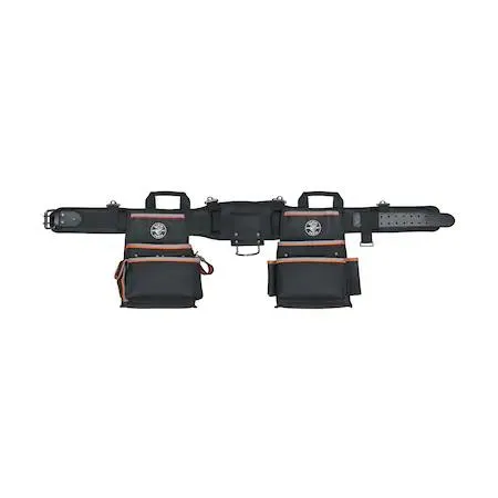 Black ballistic nylon tool belt with padded mesh interior, 26 pockets, removable pouches, fits 40 to 44 inch waist