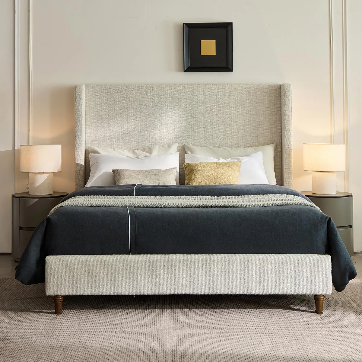 Queen-size upholstered bed with 54-inch tall cream white boucle headboard and walnut wood feet