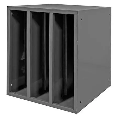 Gray powder-coated steel hydraulic hose cabinet, open front, 21-1/2 inches wide, includes two dividers