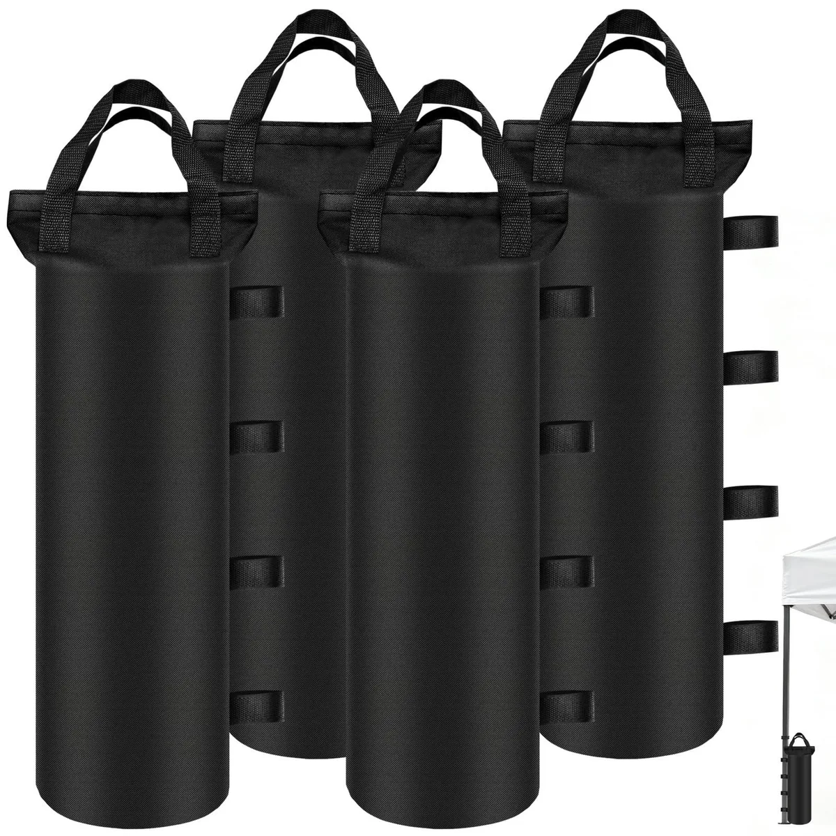 Four black PVC-coated fabric weight bags with straps and handles
