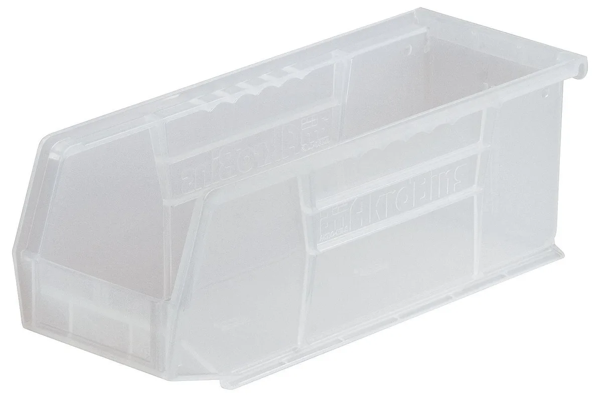 Clear plastic storage bin with open front and hanging lip