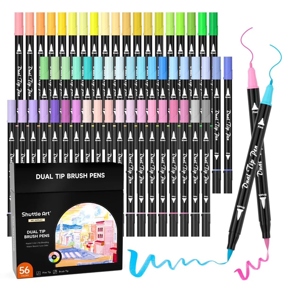 A set of 56 pastel dual-tip brush pens in a storage case