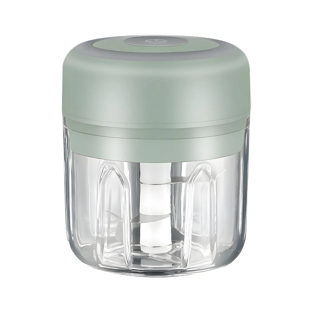 Small green electric food processor, compact cylindrical shape, smooth matte finish, 250ml capacity