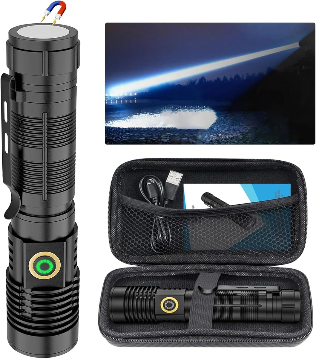Cylindrical rechargeable flashlight with magnetic tail cap and zoomable head