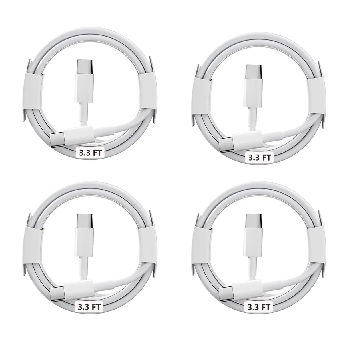 Four white USB-C to USB-C cables coiled together, each three feet long