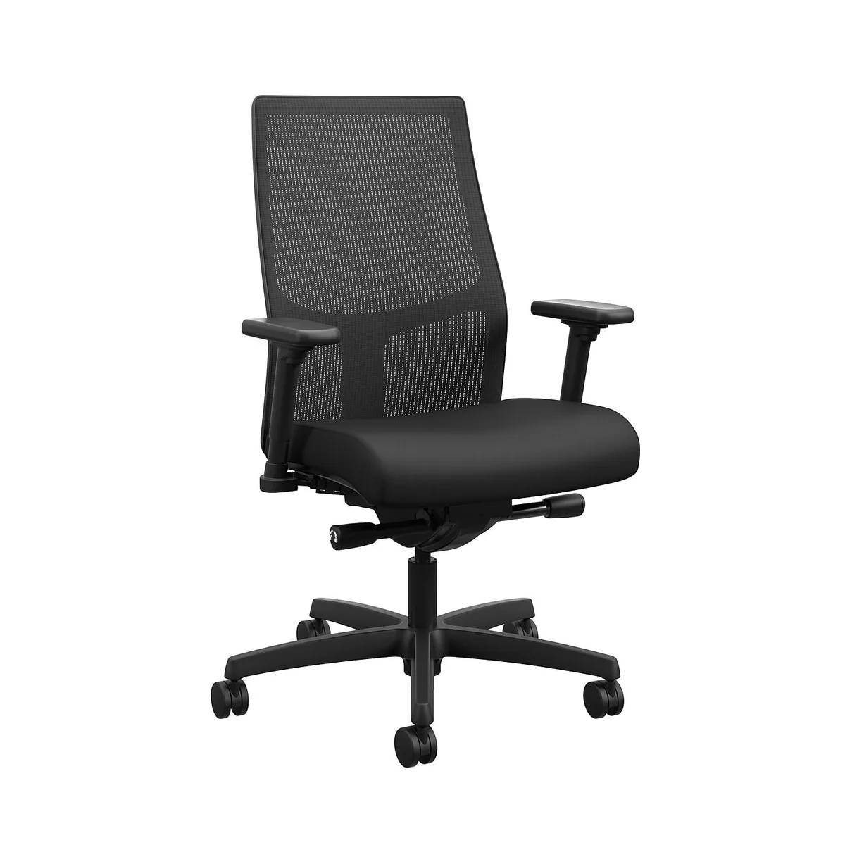 Black mid-back mesh office chair with adjustable arms and black base