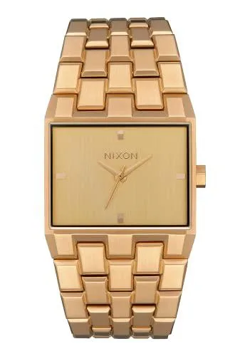 Gold rectangular watch, 34mm case, stainless steel link bracelet, fold-over clasp