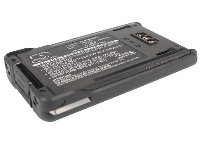Rectangular two-way radio battery pack with textured dark casing and metal contacts
