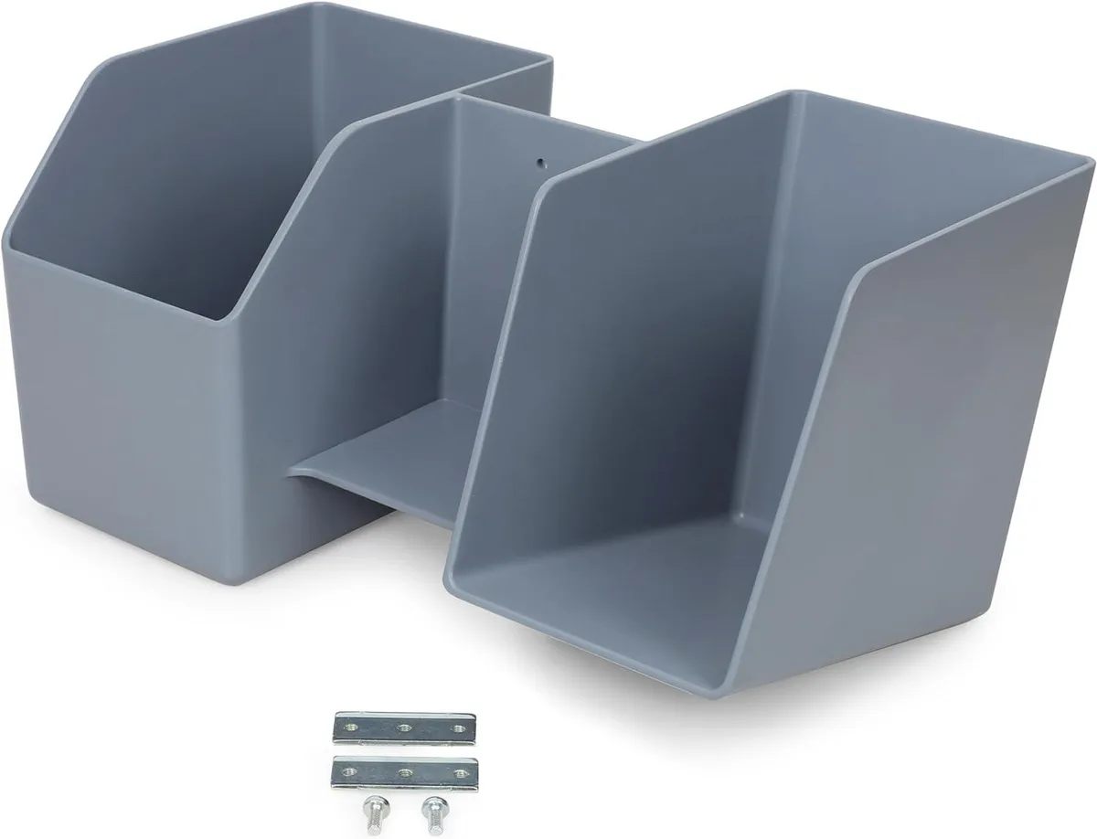 Plastic storage bin with steel brackets for LearnFit desk column