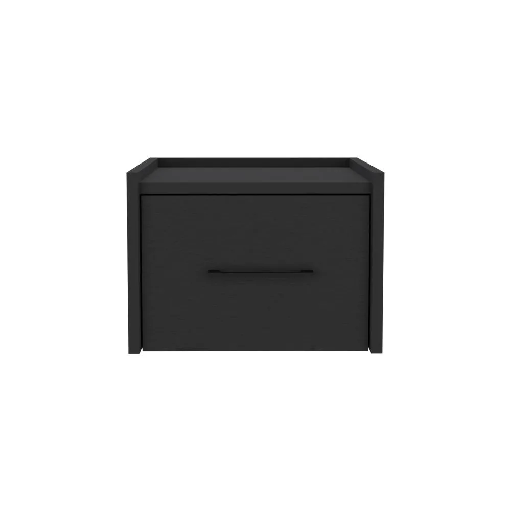 Wall-mounted black engineered wood nightstand with single drawer and sleek handle