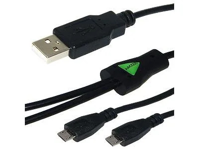 Black Y-splitter cable with one USB-A plug and two Micro-USB connectors