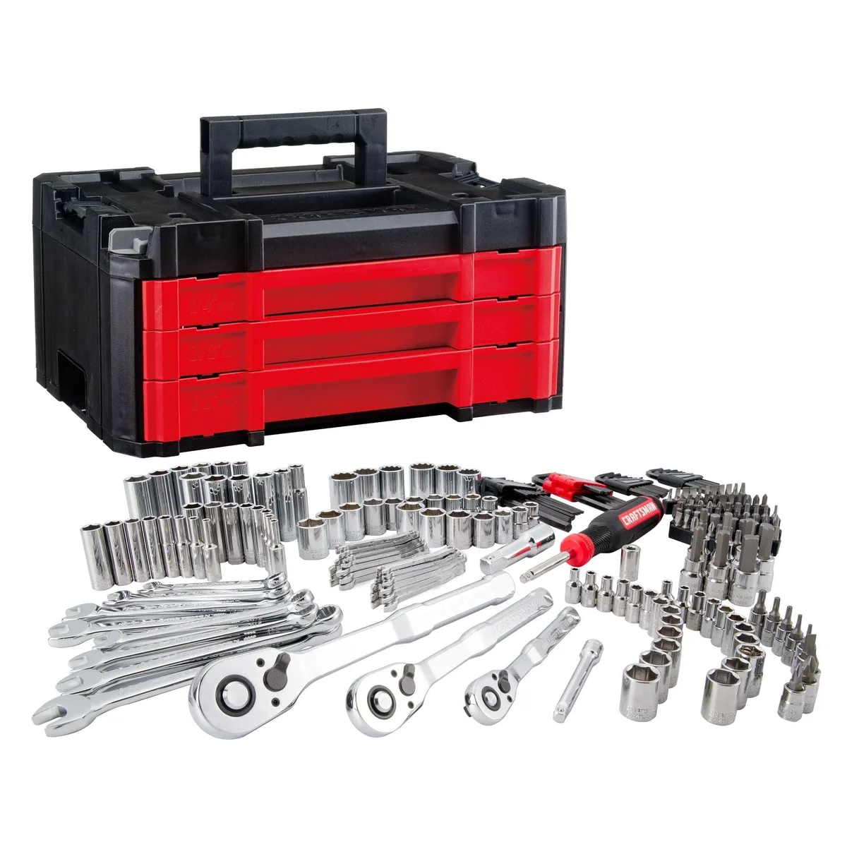 Red three-drawer VERSASTACK toolbox containing 230-piece mechanics tool set