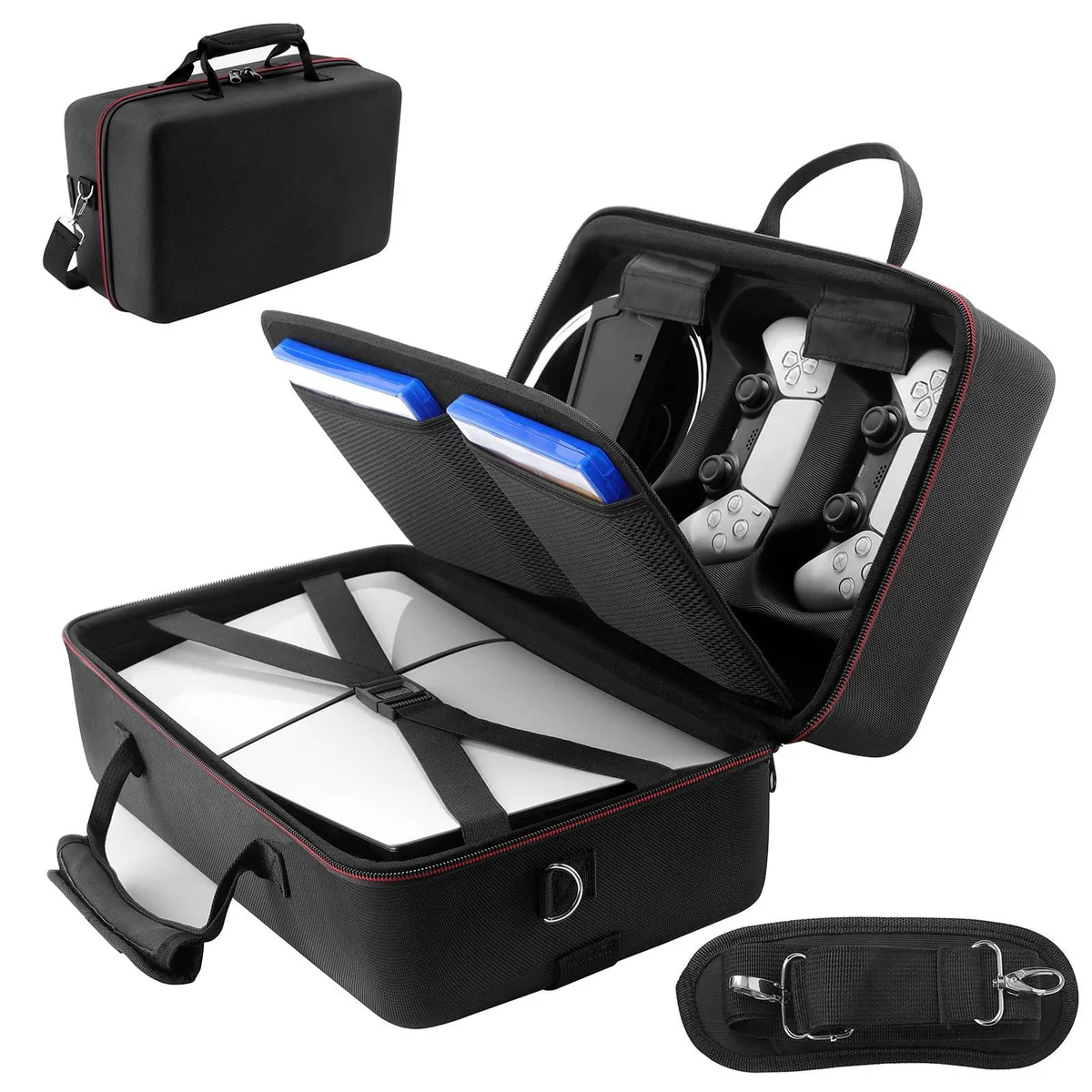 Black nylon hard-shell carrying case with adjustable shoulder strap for PS5 Slim 2023