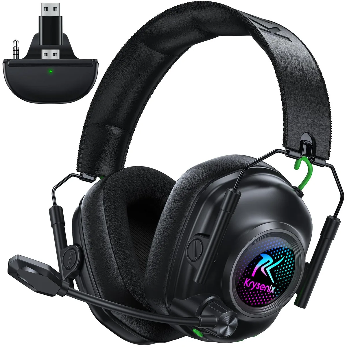 Black over-ear wireless gaming headset with USB-C dongle and boom mic