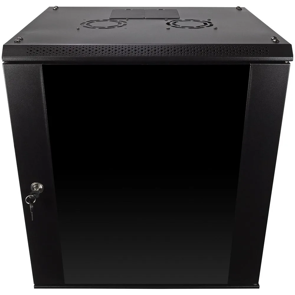 Black 12U wall-mount server rack, welded steel frame, 450mm depth, single fan visible