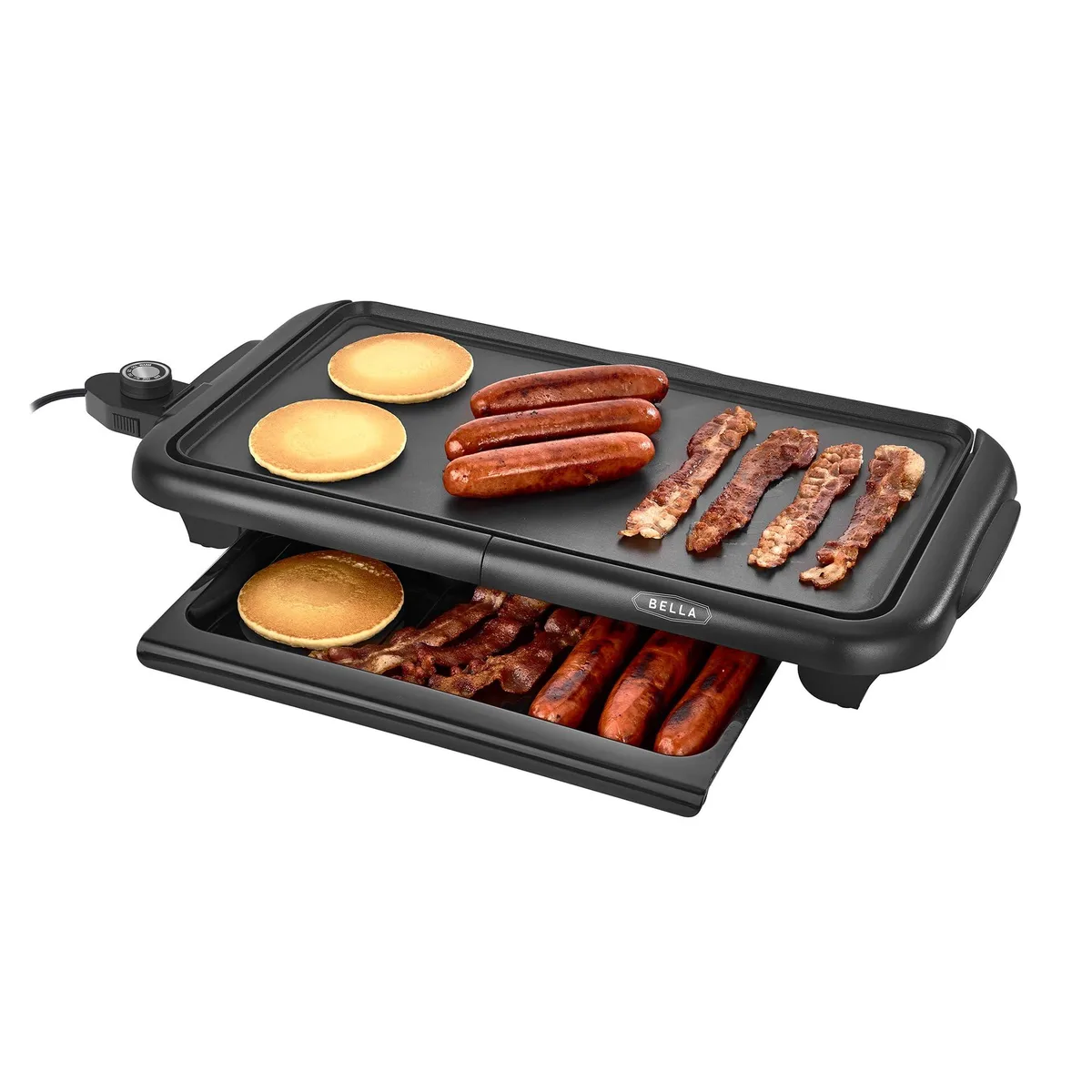 Black rectangular electric griddle with warming tray and cool-touch handles