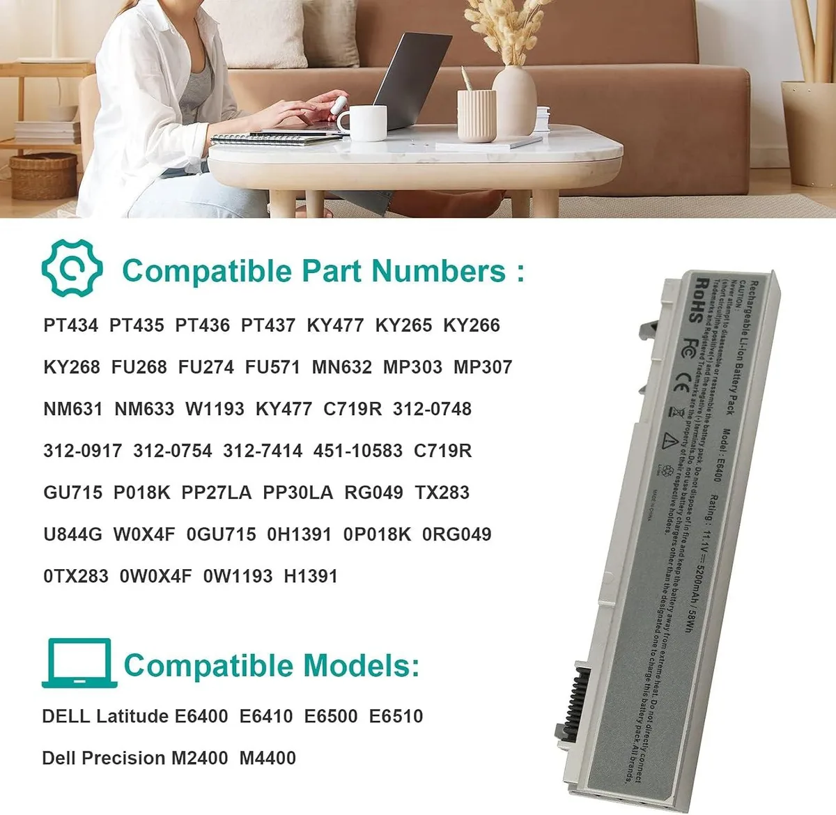  DELL 53Wh H5CKD laptop battery 15V 4-cell — product photo