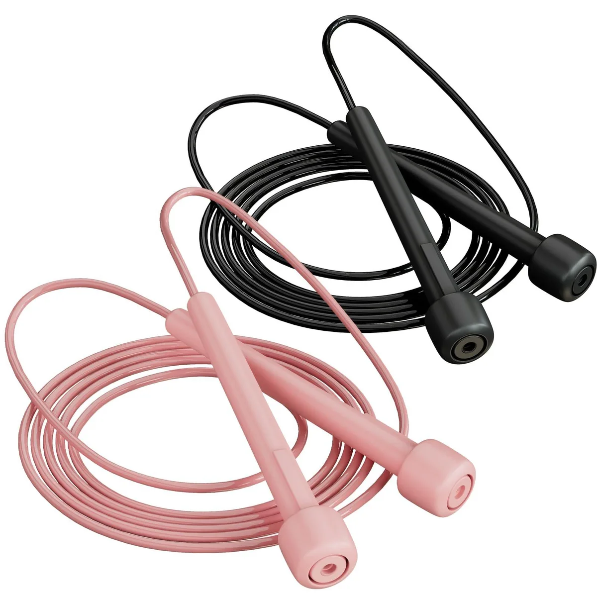 Two adjustable PVC jump ropes, black handles with orange cords, 110 inches each