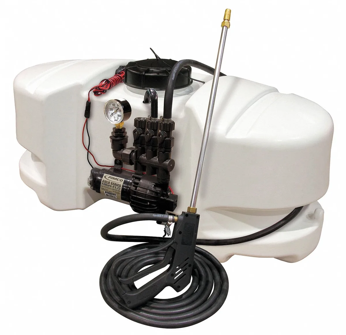 White polyethylene tank sprayer with 15 ft hose and pistol grip wand