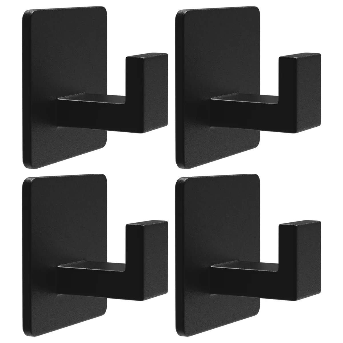 Black aluminium adhesive hooks, smooth rectangular form, matte finish, set of multiple pieces