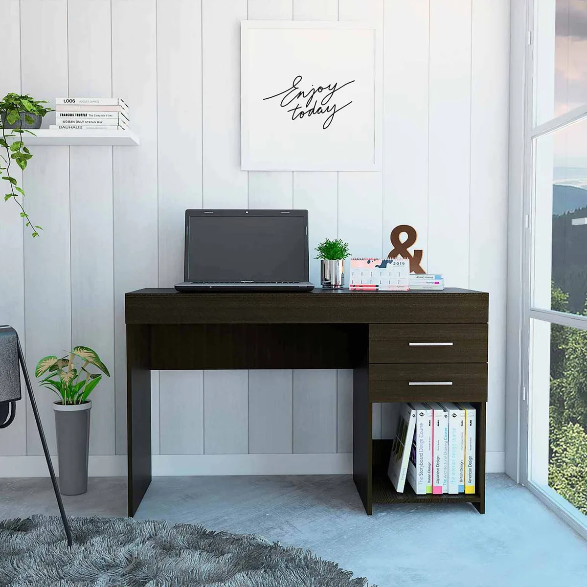 FM FURNITURE FM FURNITURE FM5695ELW Desk 47.5" W 2 Drawers 1 Shelf Black Wengue — product photo