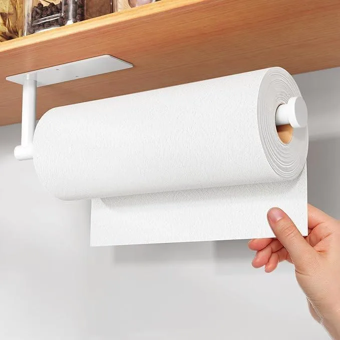 White stainless steel paper towel holder with adhesive mount and horizontal bar