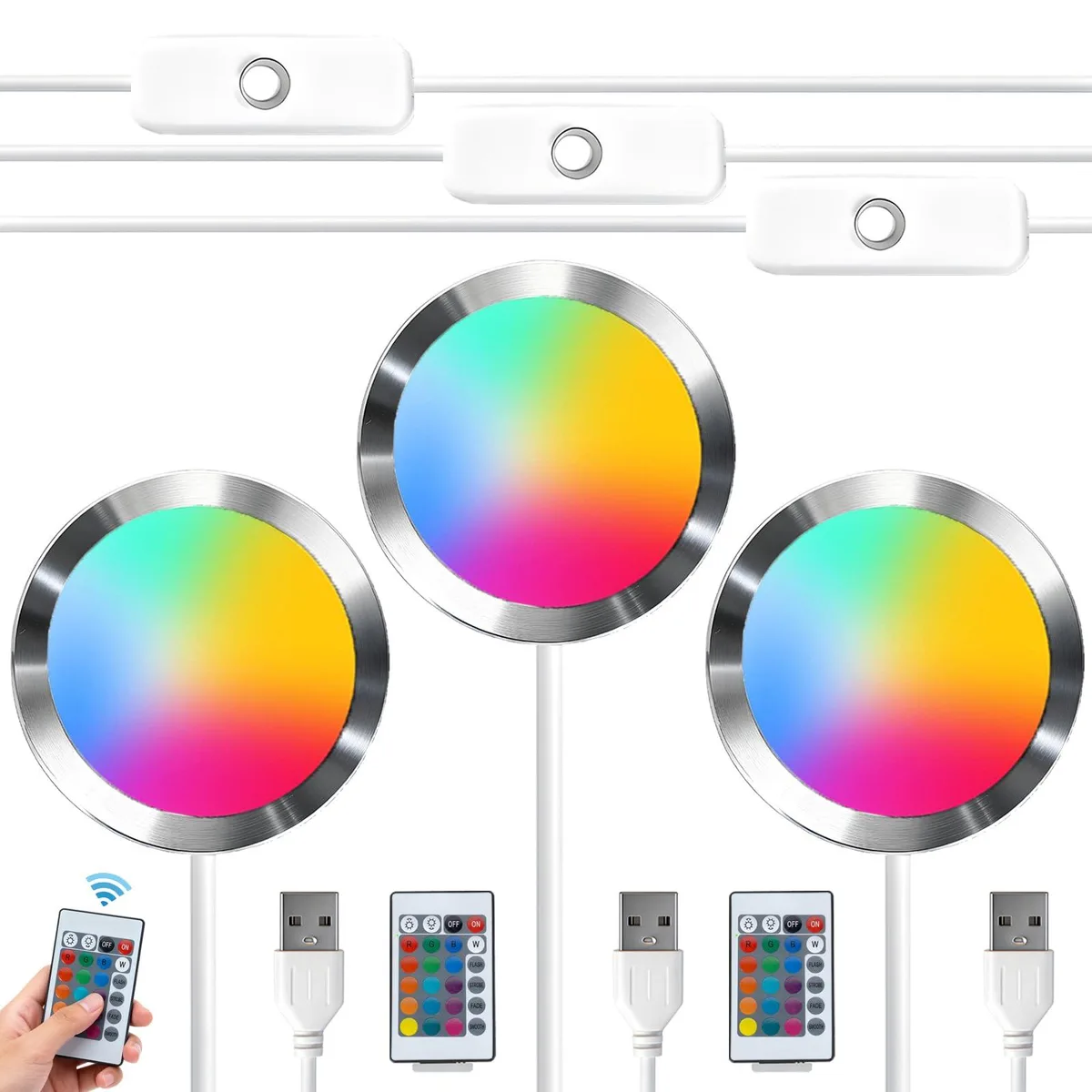 Three small aluminium LED modules with bamboo accents, USB powered