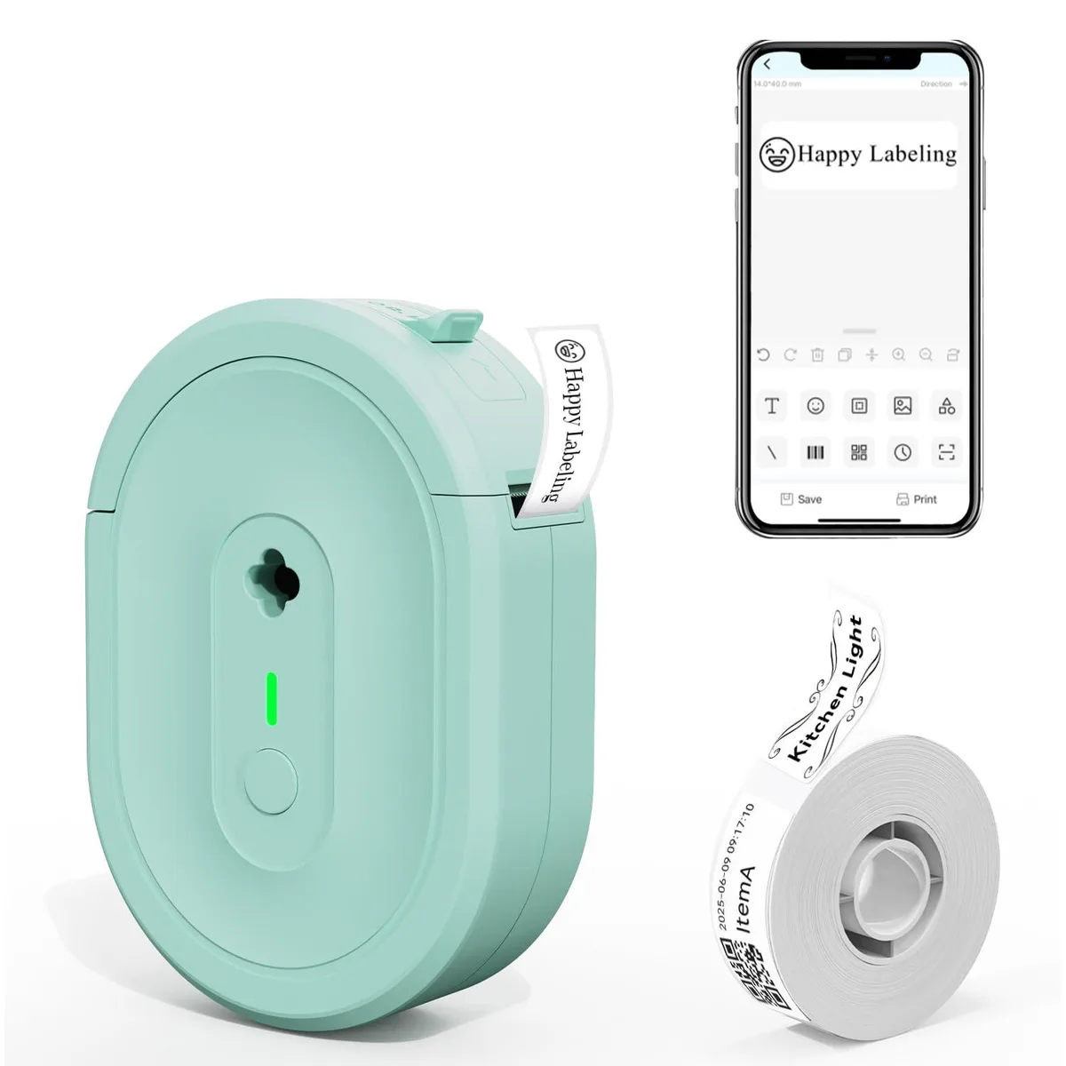 Compact green label printer with rounded edges and matte finish, pocket sized