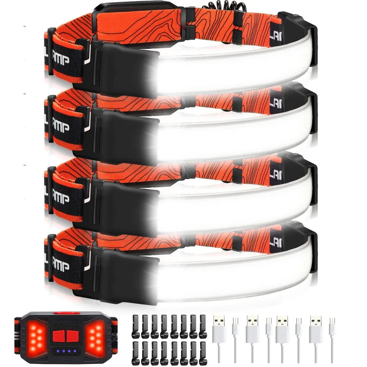 Four black LED headlamps with red taillights and silicone straps in a pack