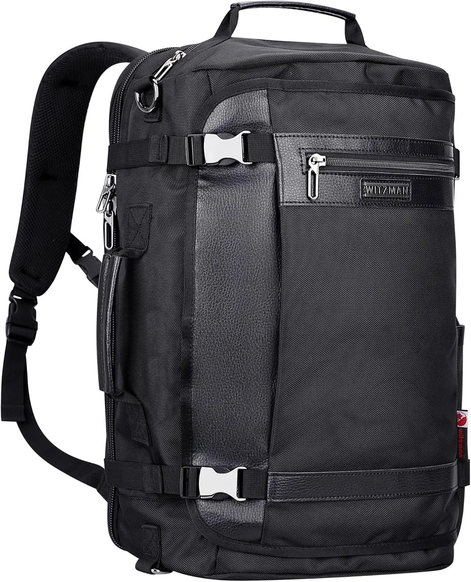 Black nylon laptop backpack with hidden straps, top handle and USB port, 17 inch capacity