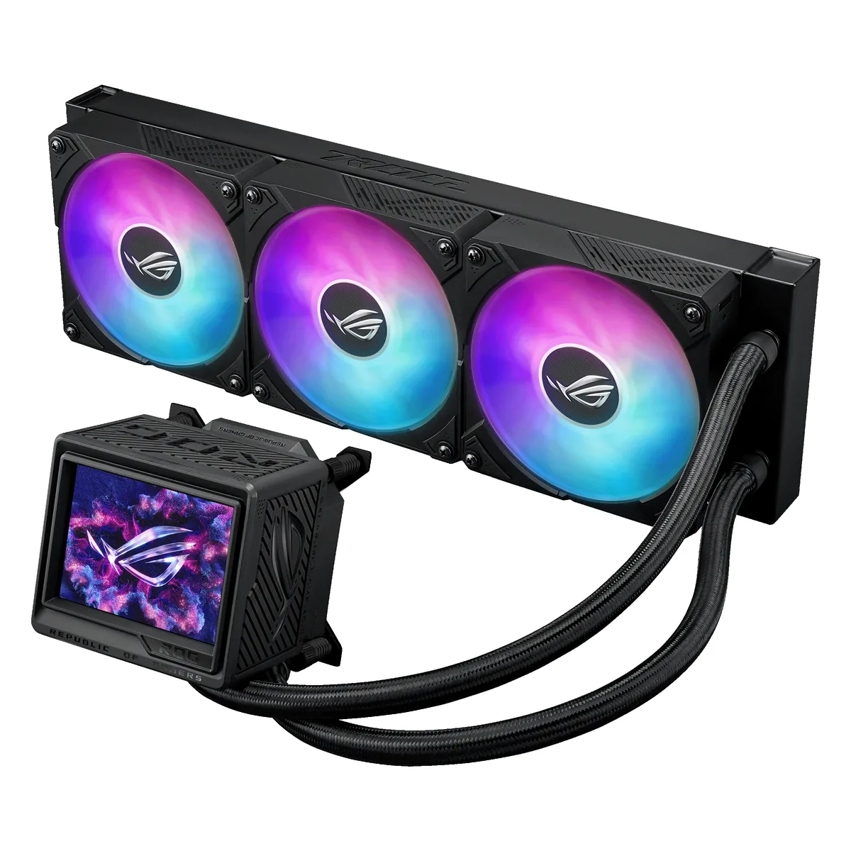 ASUS ROG Ryujin III 360 ARGB Extreme AIO liquid cooler with 3.5 inch LCD screen and three 120 mm magnetic fans