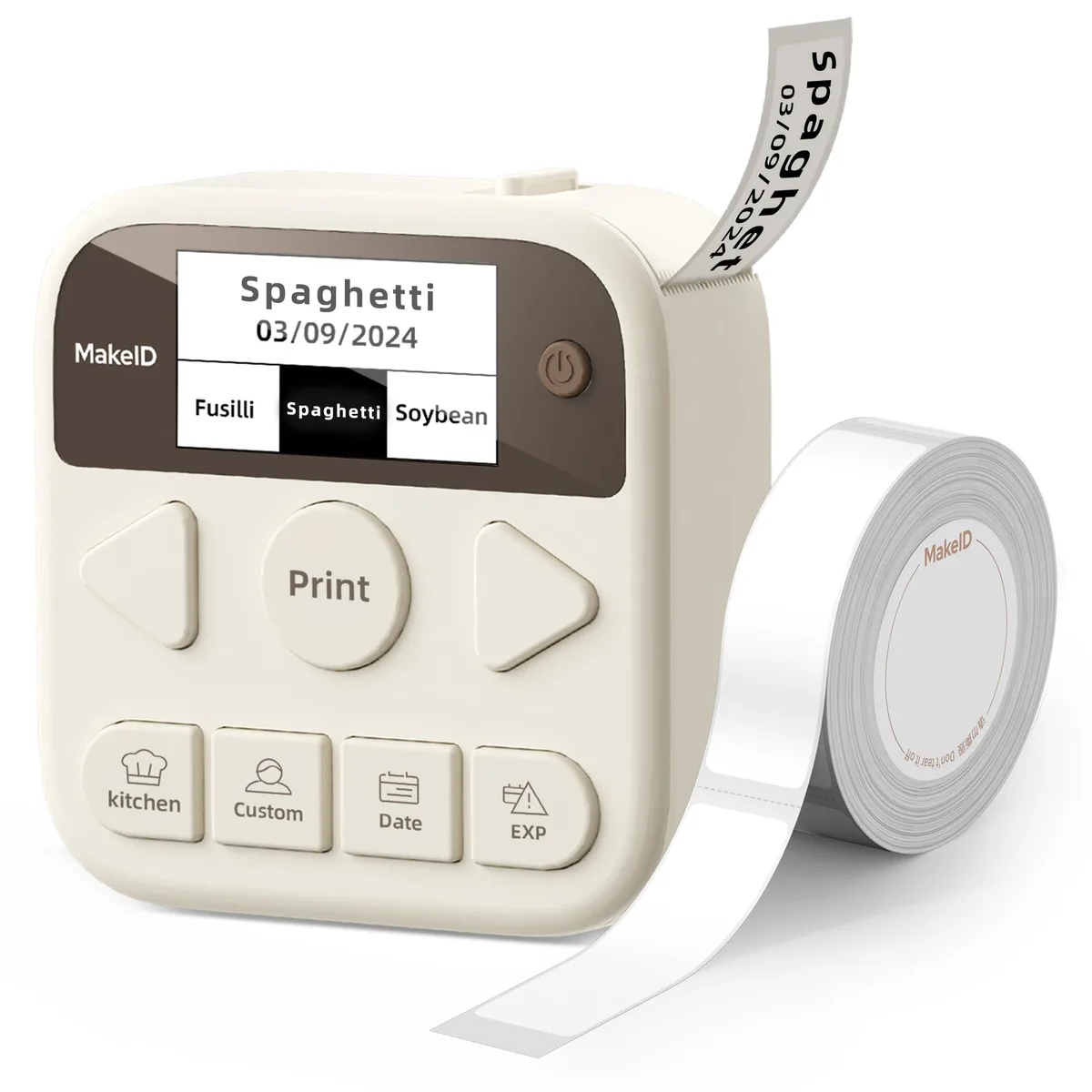 Compact white label printer with 1.85-inch LCD screen and magnetic back