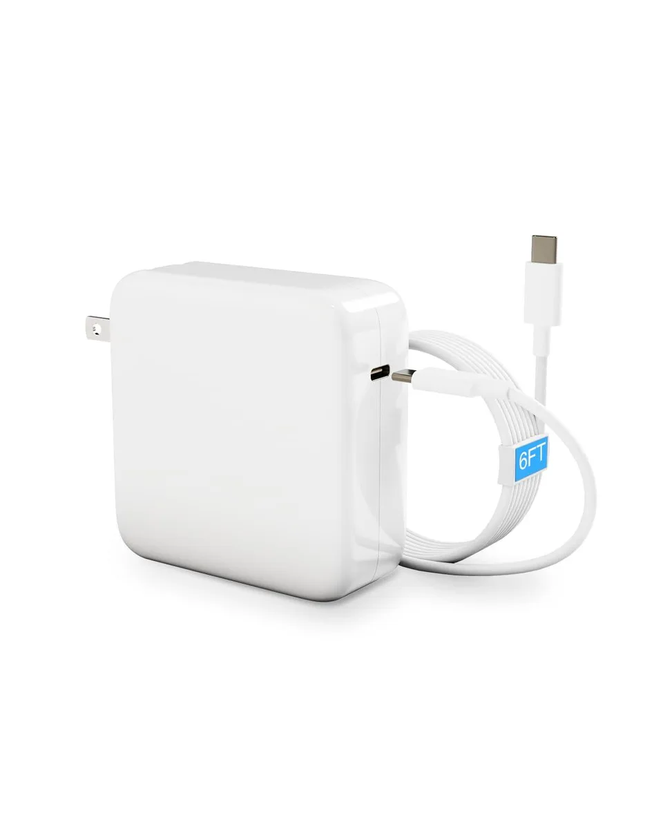 White rectangular USB-C power brick with foldable prongs and a 6.6ft braided cable
