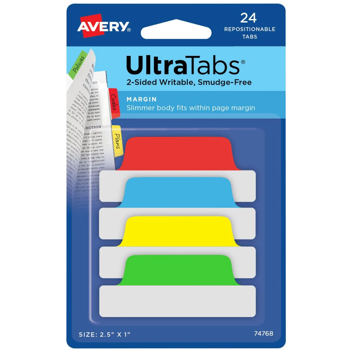 Pack of 24 assorted colour repositionable page tabs 2.5 by 1 inch