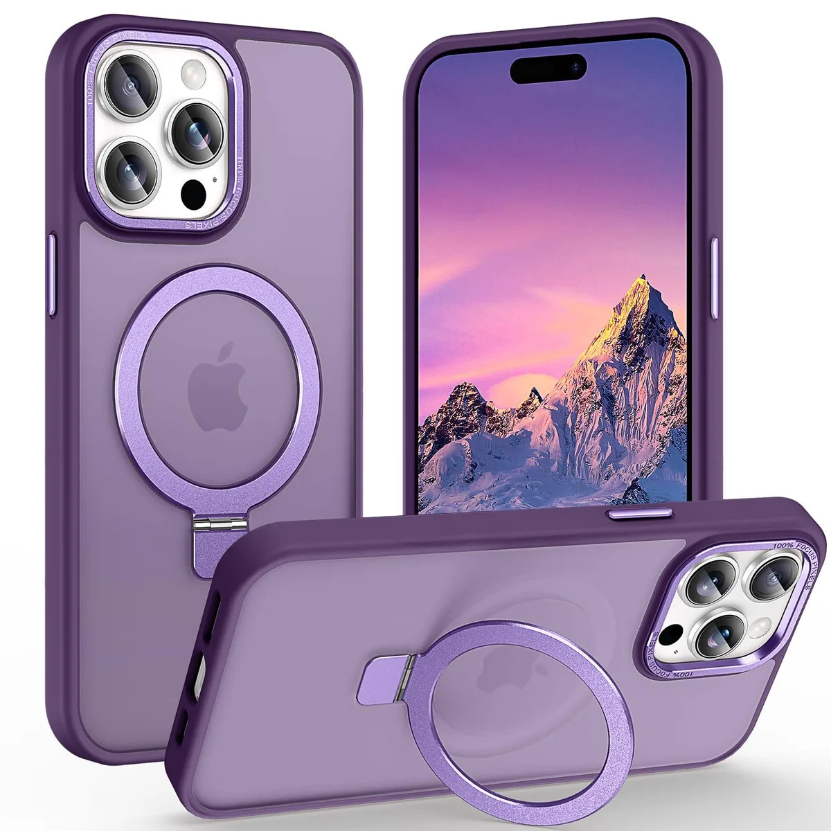 Dark purple iPhone 15 Pro Max case with ring stand and translucent back