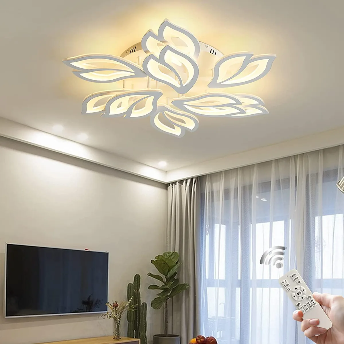 White flower-shaped flush mount with nine acrylic petals and remote control