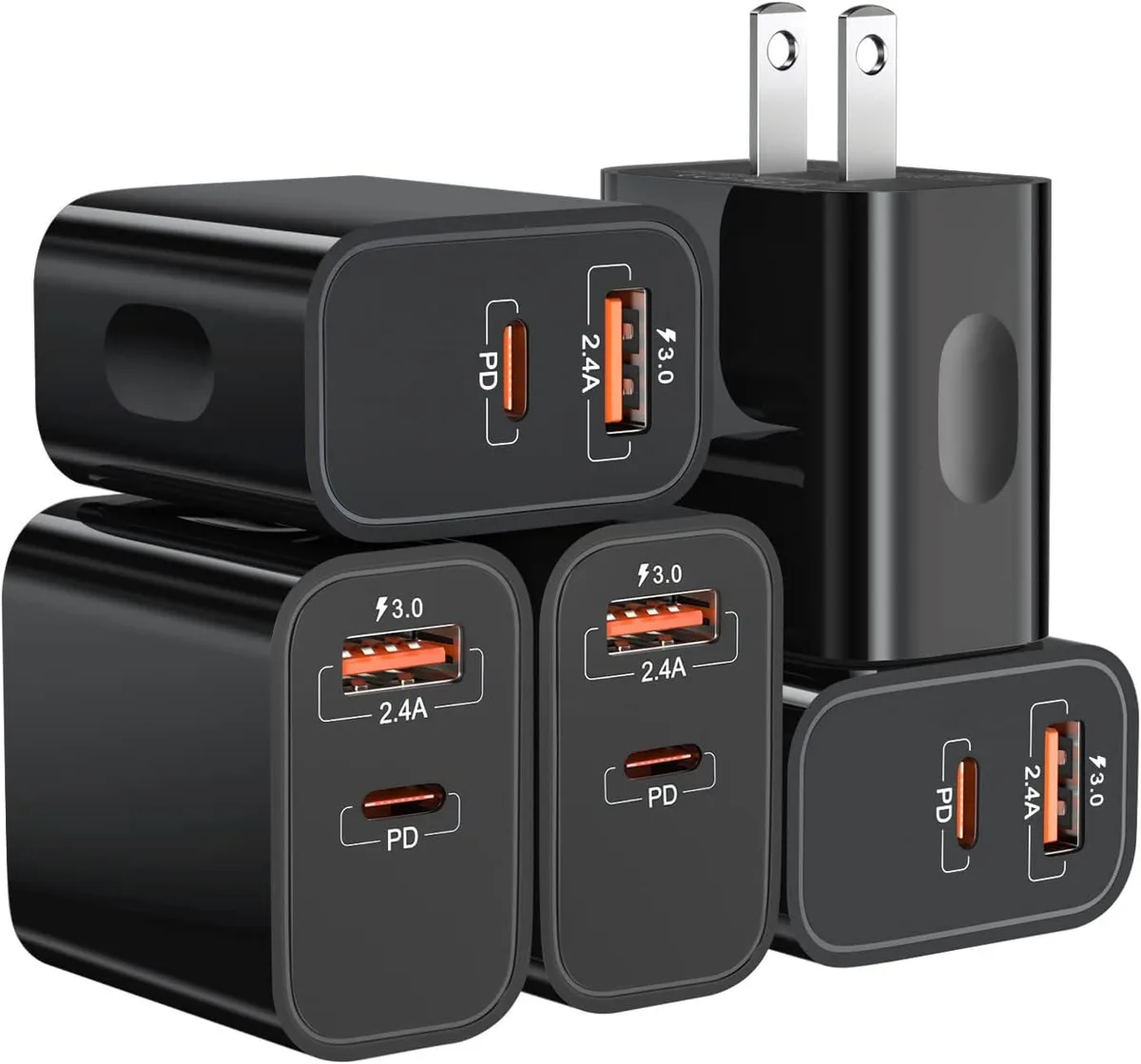 ONITOON ONITOON 20W USB-C PD 3.0 + QC 3.0 Dual Port Wall Charger 5 Pack Black — product photo