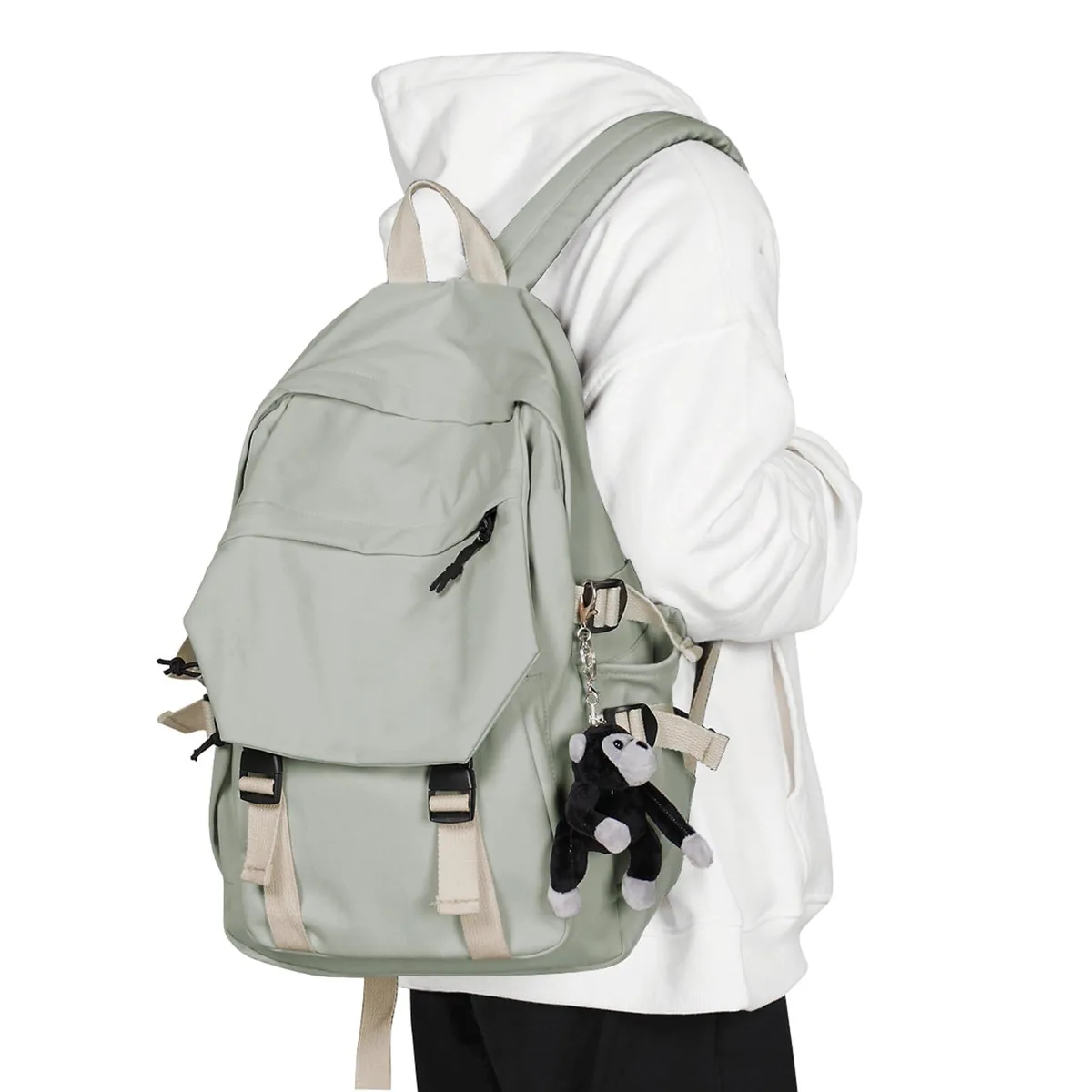 Grey-green polyester laptop backpack with animal print, rectangular shape, 14-inch compartment, 20-litre capacity