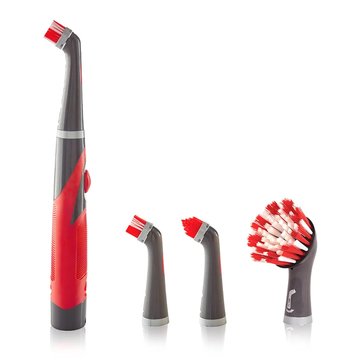 White cordless handheld power scrubber with oscillating brush heads and multiple attachments