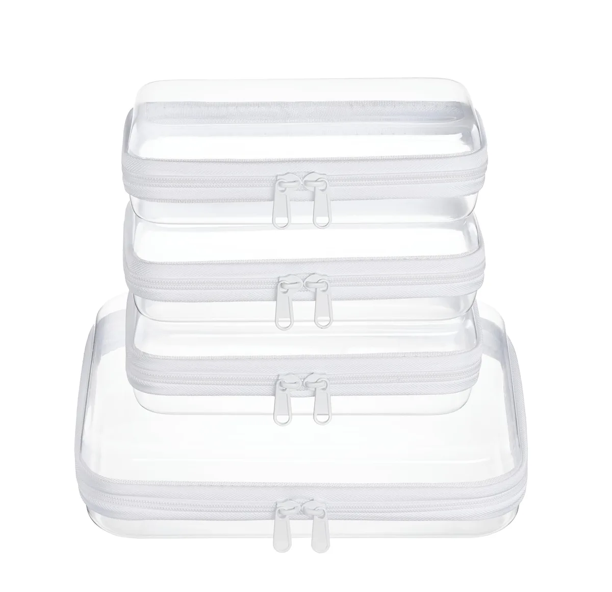 Four clear hard-shell zipper cases in white, one medium and three small, stackable design