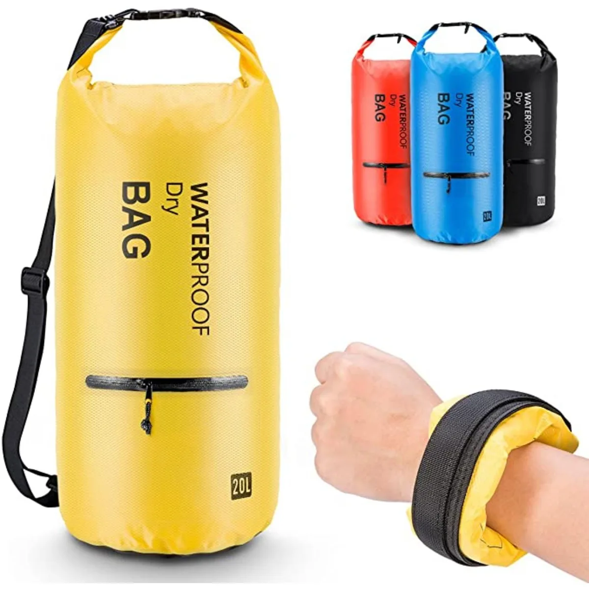 Yellow 10L waterproof dry bag backpack with roll-top closure and adjustable shoulder strap