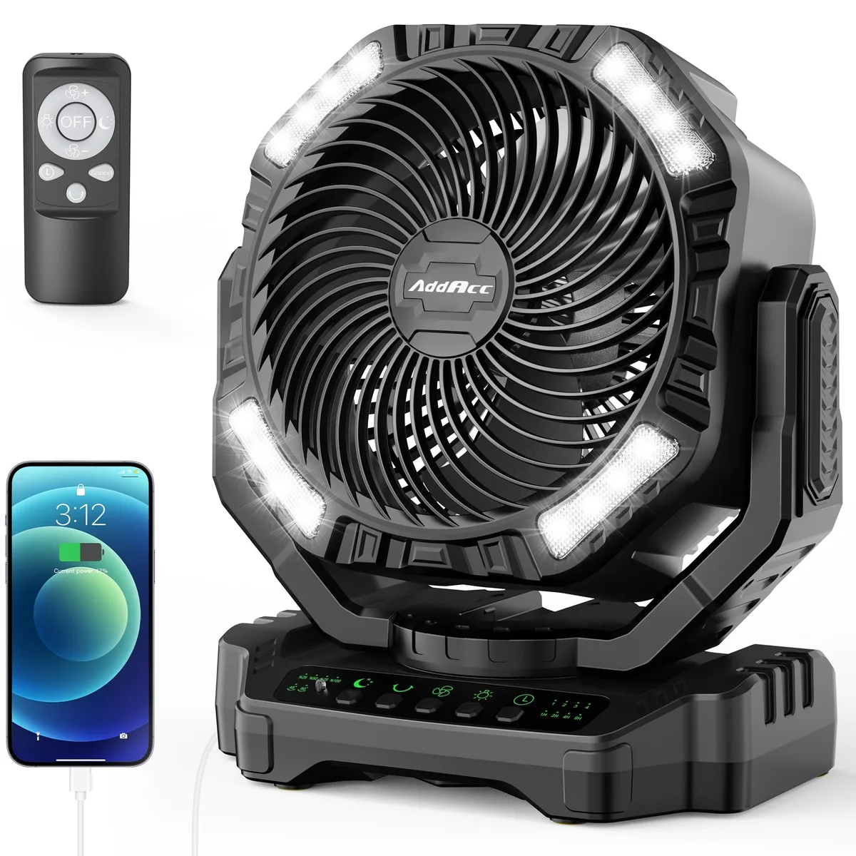 Grey portable outdoor fan on a rectangular base with five blades, remote control, and LED light ring