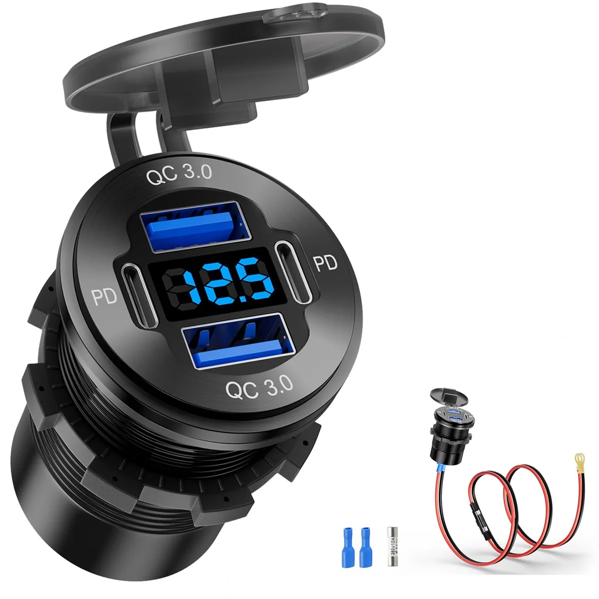  Dell SUCW0818-2PD-1P 12V/24V 4-port USB-C PD &amp; QC3.0 power adapter with voltmeter — product photo