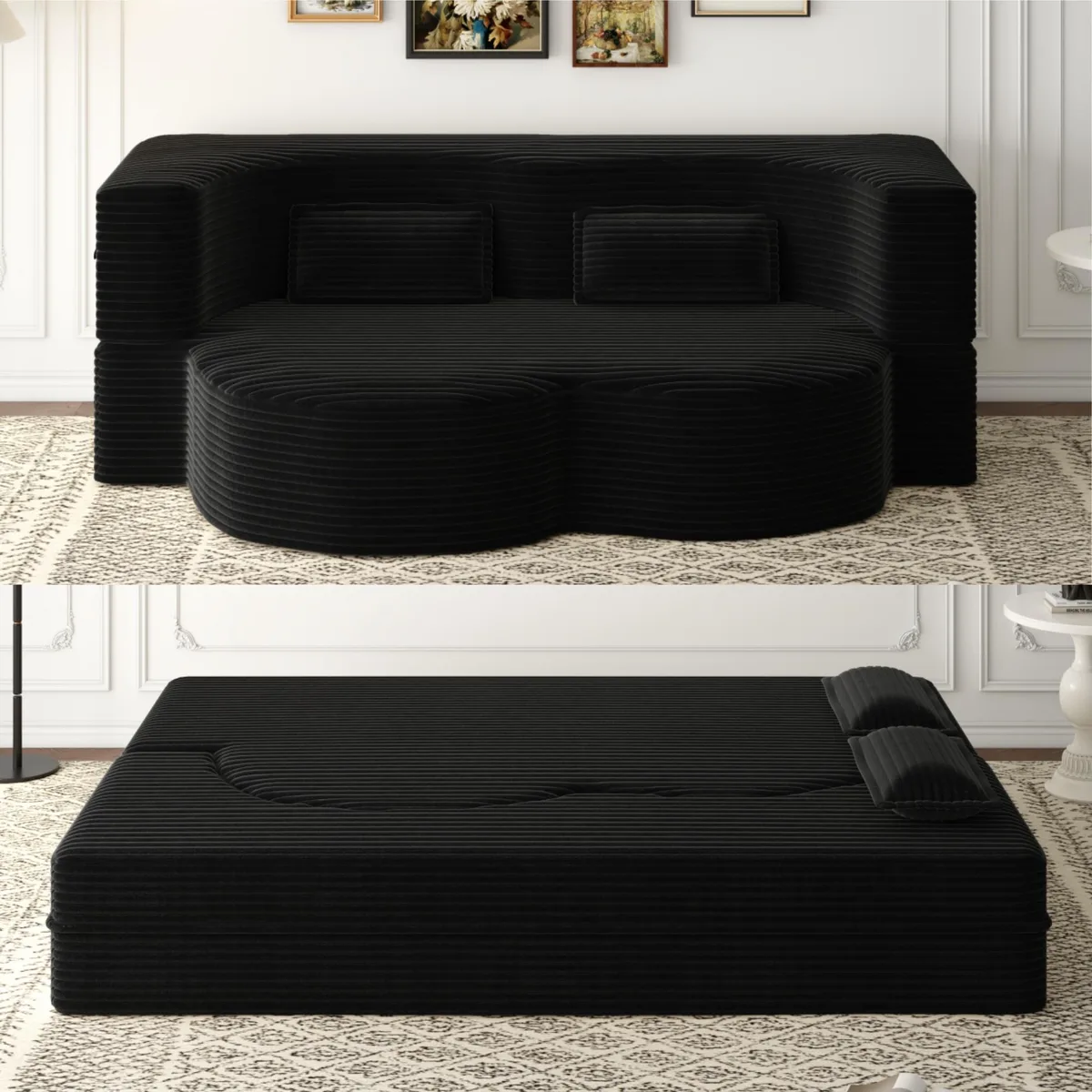 Black corduroy floor sofa folded flat with two matching pillows