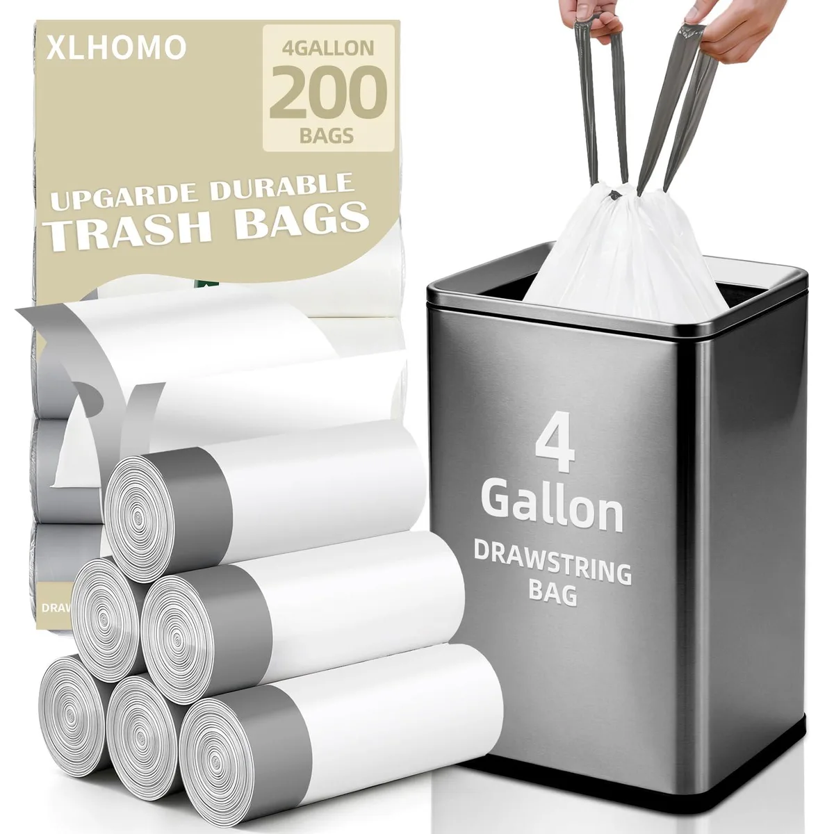 XLHOMO 4 Gallon Drawstring Trash Bags 200 Count White 17.7x19.6in — product photo