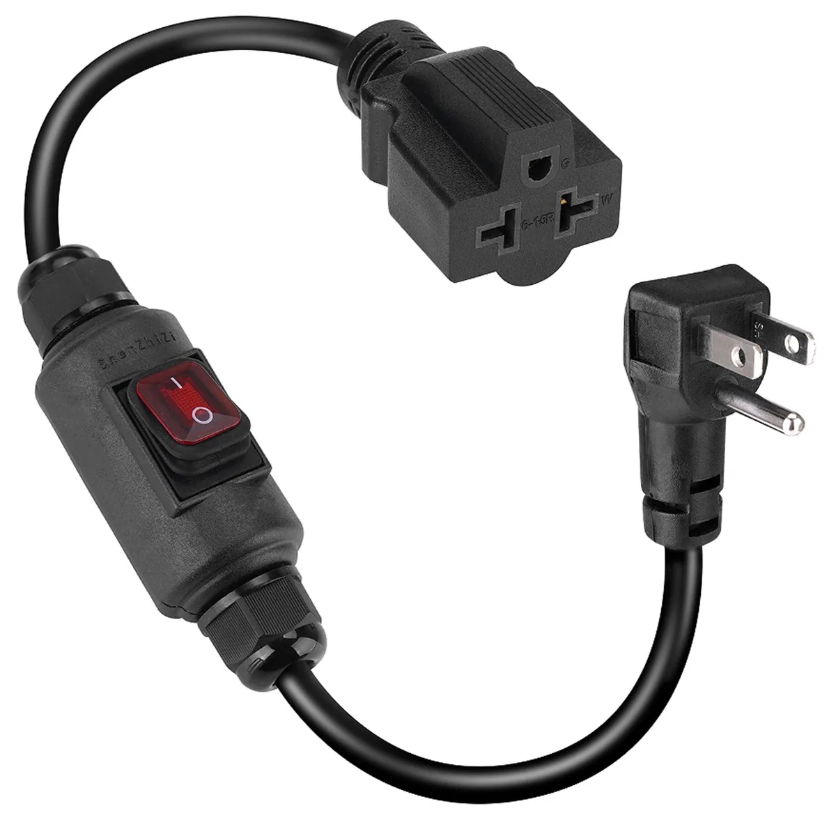 SZAWINLI 16AWG Outdoor Waterproof Extension Cord Switch IP66 20A 125V 4-in-1 T-Blade Female 1.5Ft — product photo