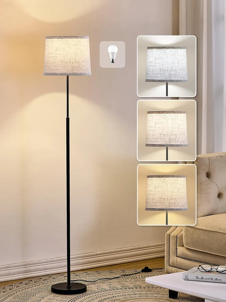Black metal floor lamp with oatmeal linen shade, 60 inches tall