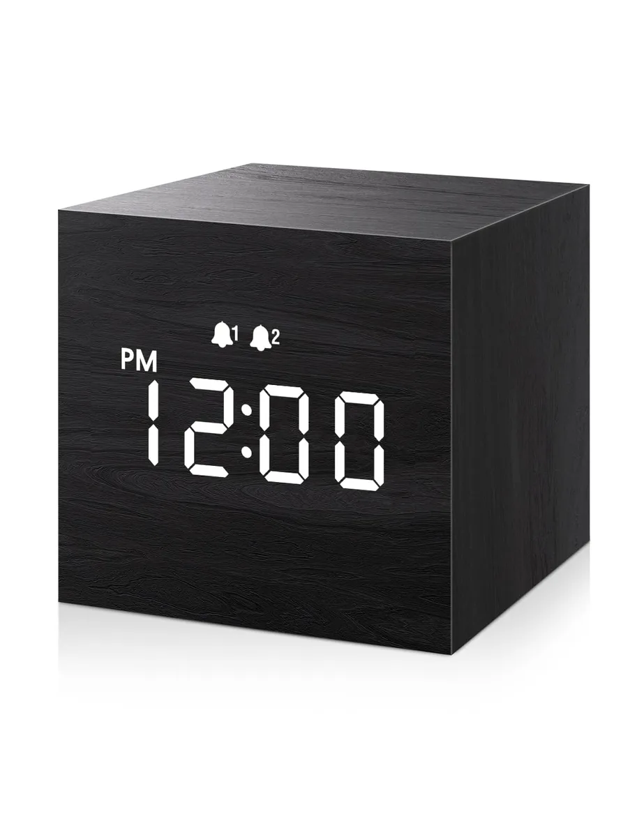 Small black wooden cube clock with LED display