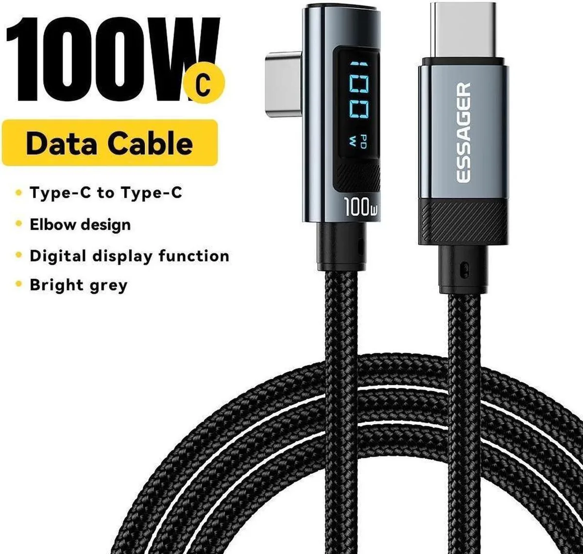 SMUGDESK SMUGDESK USB C Cable with LED Display 6.6 ft 100W 480 Mbps 2.0 Right Angle Nylon Braided — product photo